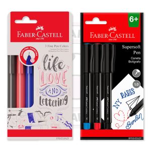 Kit Caneta Hidrográfica Fine Pen 0.4mm + SuperSoft Pen 1.0mm Faber-Castell – Pt, Az, Vm – Kit 2 BL