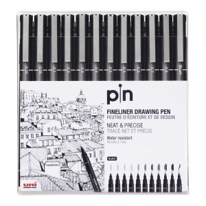 Caneta Técnica Uni Pin Fine Line uni-ball – Preta – 0.03mm a 0.8mm e Brush – Estojo 12 UN