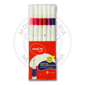 Caneta Hidrográfica Fineliner 0.4mm MoLin – Tons de Lilás e Vermelho – Blister 6 UN