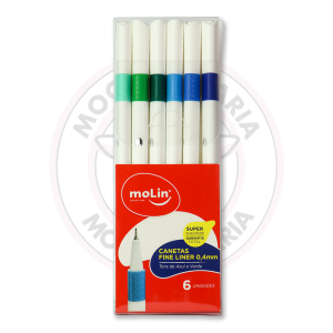 Caneta Hidrográfica Fineliner 0.4mm MoLin – Tons de Azul e Verde – Blister 6 UN