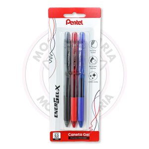 Caneta Gel Retrátil EnerGel-X 0.5mm Pentel – Pt, Az, Vm – Blister 3 UN